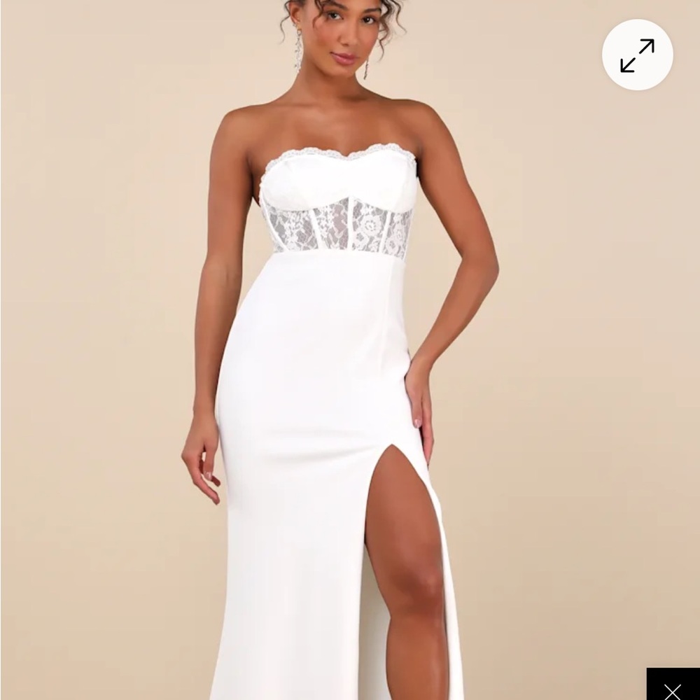 Lulu's White Strapless Lace Gown